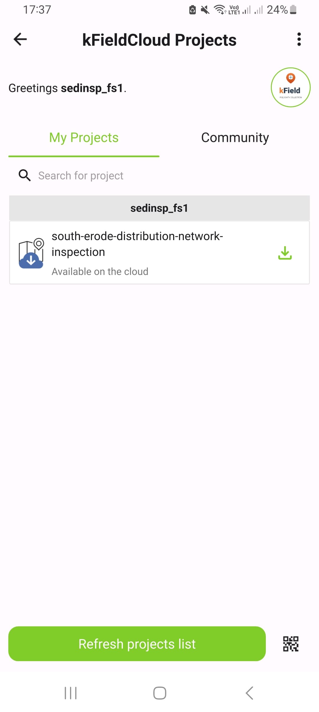 kField Cloud Projects screen showing a project available for download to the field officer's phone